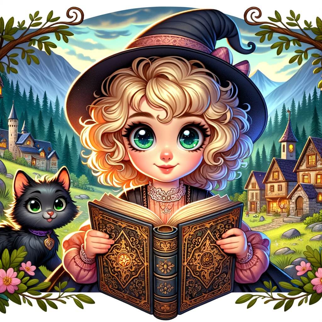 Une illustration pour enfants représentant une sorcière en herbe découvrant un grimoire magique dans une forêt enchantée.