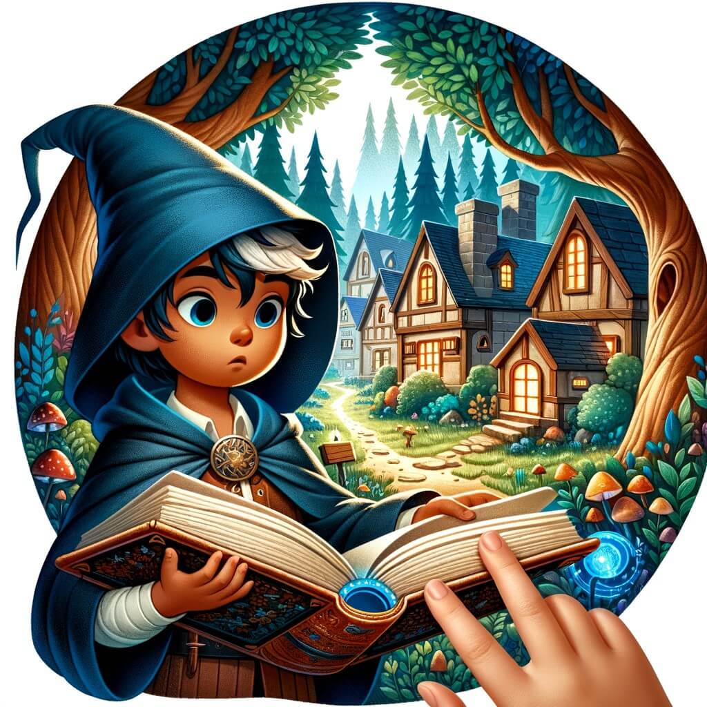 Une illustration pour enfants représentant un jeune sorcier découvrant un livre magique dans un village caché au cœur d'une forêt enchantée.