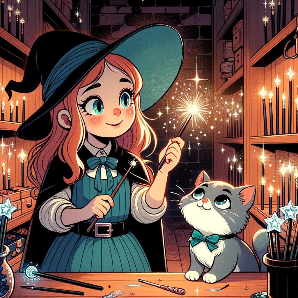 Une illustration destinée aux enfants représentant une apprentie sorcière fascinée par la magie, faisant équipe avec un chat sorcier, dans une petite boutique sombre et étroite remplie de baguettes magiques scintillantes.