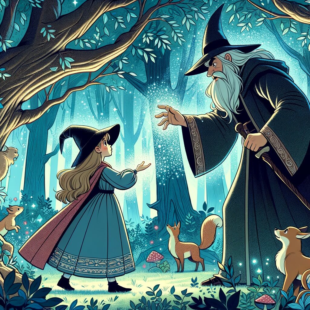 Une illustration destinée aux enfants représentant une apprentie sorcière, plongée dans une bataille magique contre un sorcier maléfique, dans une forêt enchantée avec des arbres aux feuilles scintillantes et des animaux parlants.