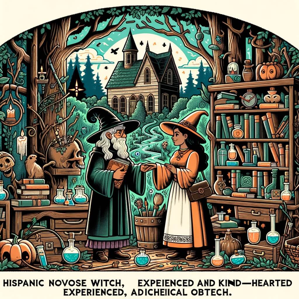 Une illustration destinée aux enfants représentant une apprentie sorcière, plongée dans une aventure magique, accompagnée d'une sorcière bienveillante, dans une vieille maison abandonnée au cœur d'une forêt mystérieuse, remplie de livres, de potions et d'objets étranges.