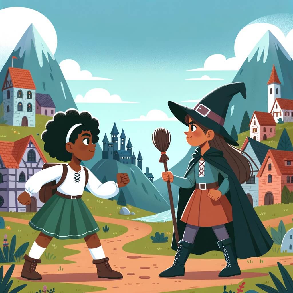 Une illustration pour enfants représentant une apprentie sorcière courageuse, confrontée à une méchante sorcière, dans une petite ville cachée au milieu des montagnes.