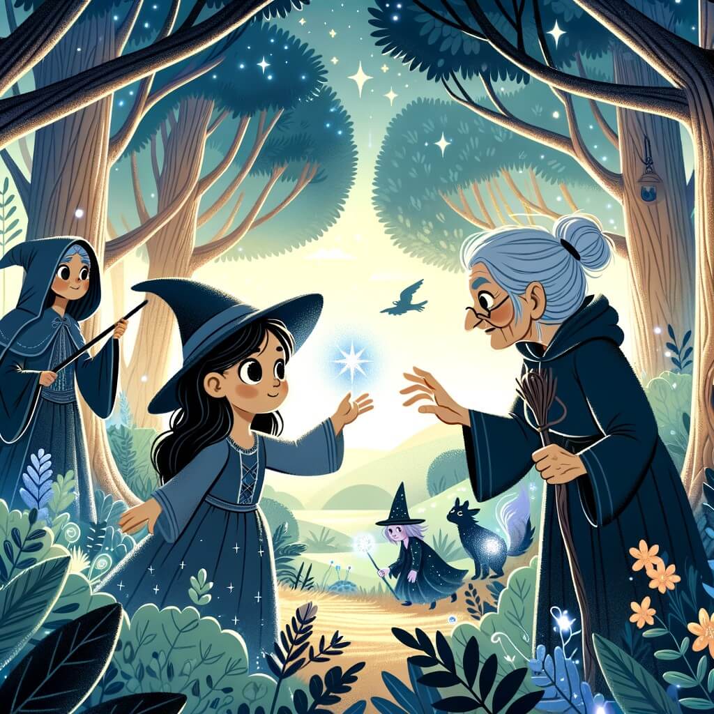 Une illustration destinée aux enfants représentant une jeune sorcière aux cheveux d'ébène et aux yeux étincelants, découvrant son don magique dans une forêt enchantée, accompagnée d'une vieille sorcière aux rides profondes, entourées d'arbres majestueux aux feuilles chatoyantes et de créatures fantastiques, dans un paysage empreint de mystère et de magie.