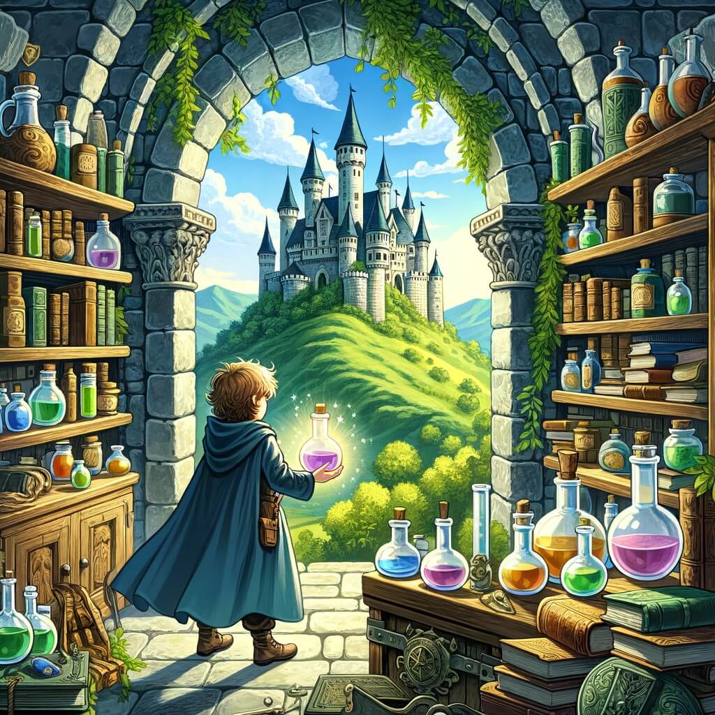 Une illustration destinée aux enfants représentant un jeune apprenti sorcier, doté de pouvoirs magiques, qui découvre une salle secrète remplie de potions et de livres anciens, dans un château majestueux perché sur une colline verdoyante.