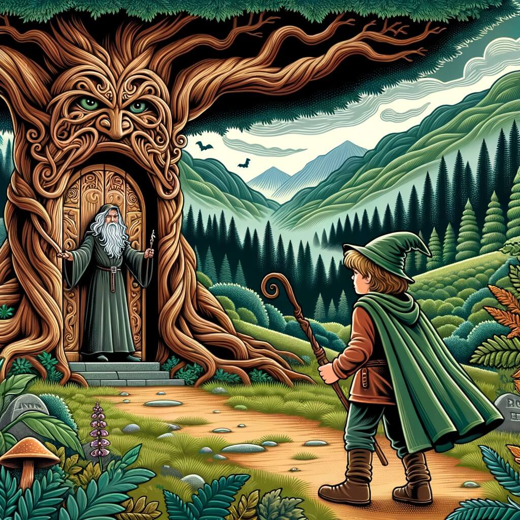 Une illustration pour enfants représentant un apprenti sorcier découvrant ses pouvoirs magiques dans une académie de magie cachée au cœur d'une forêt enchantée.