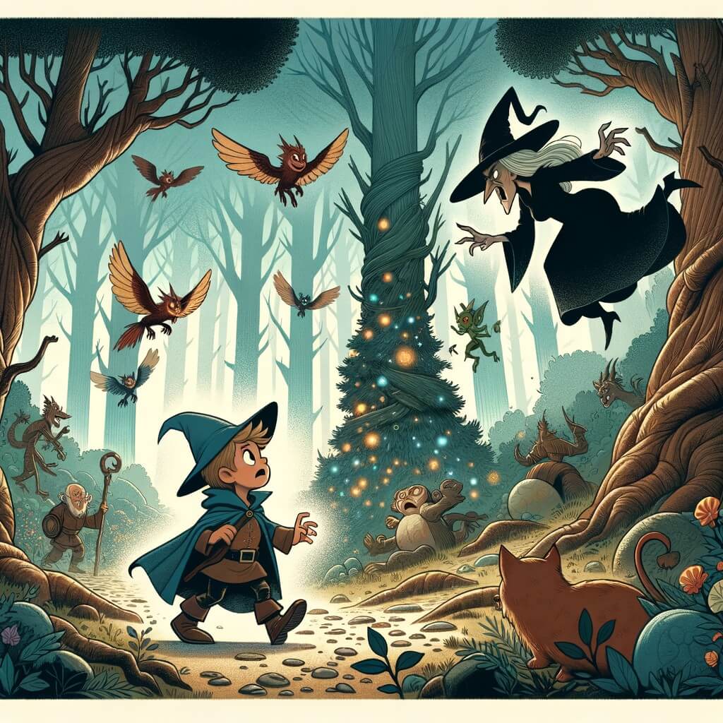 Une illustration destinée aux enfants représentant un jeune apprenti sorcier, confronté à une sorcière maléfique, dans une forêt enchantée avec des arbres géants et des créatures magiques virevoltant autour d'eux.