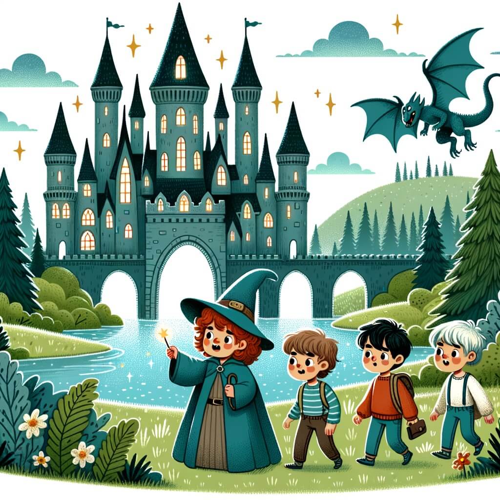 Une illustration destinée aux enfants représentant un jeune sorcier aux cheveux bouclés, accompagné de ses amis, explorant un château magique avec des tours pointues, des fenêtres en arc et des gargouilles, situé au sommet d'une colline verdoyante, entouré d'une forêt mystérieuse et d'un lac scintillant.
