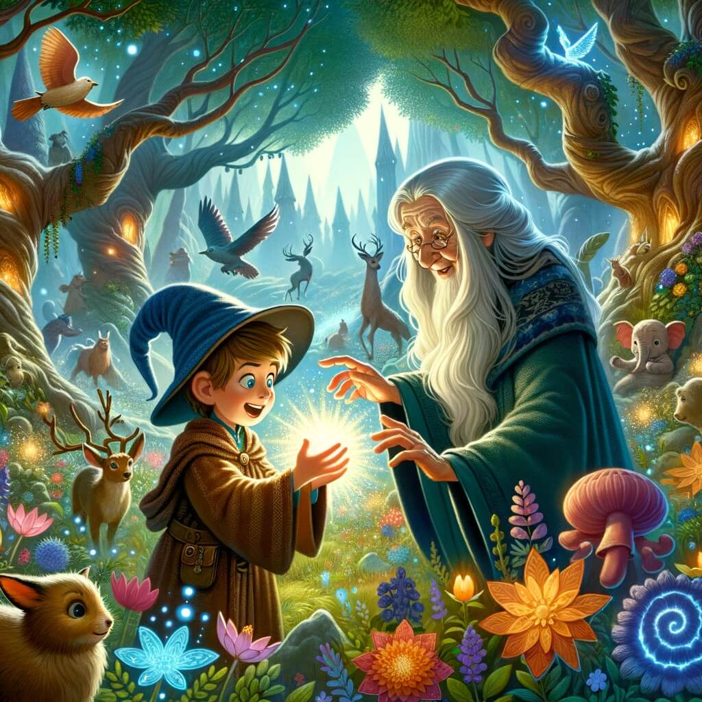 Une illustration destinée aux enfants représentant un jeune apprenti sorcier aux pouvoirs magiques découvrant un sort puissant, accompagné d'une vieille dame sage, dans une forêt enchantée remplie d'arbres majestueux, de fleurs lumineuses et de créatures fantastiques.