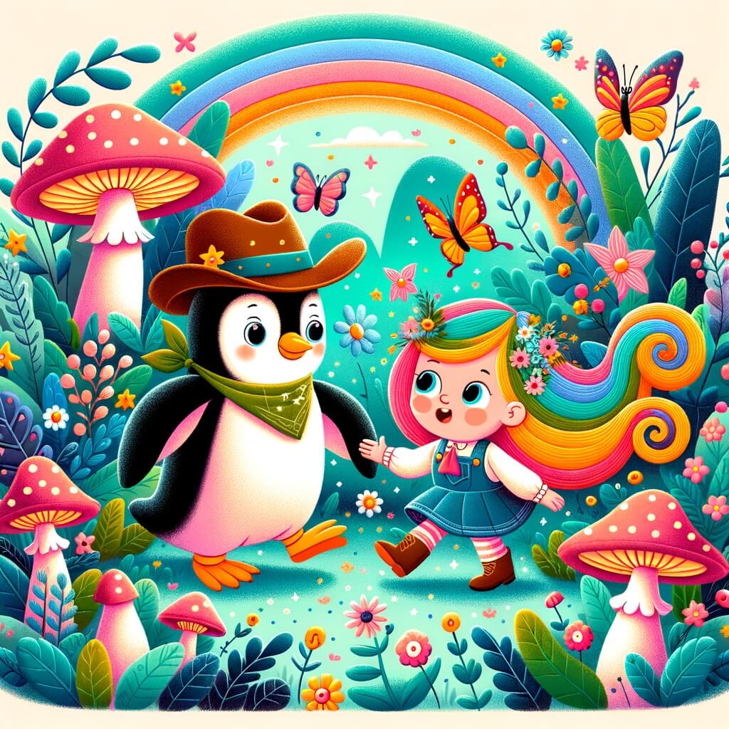 Une illustration pour enfants représentant une petite fille surprise par une fête remplie d'animaux loufoques et absurdes, se déroulant dans une maison enchantée aux couleurs éclatantes.