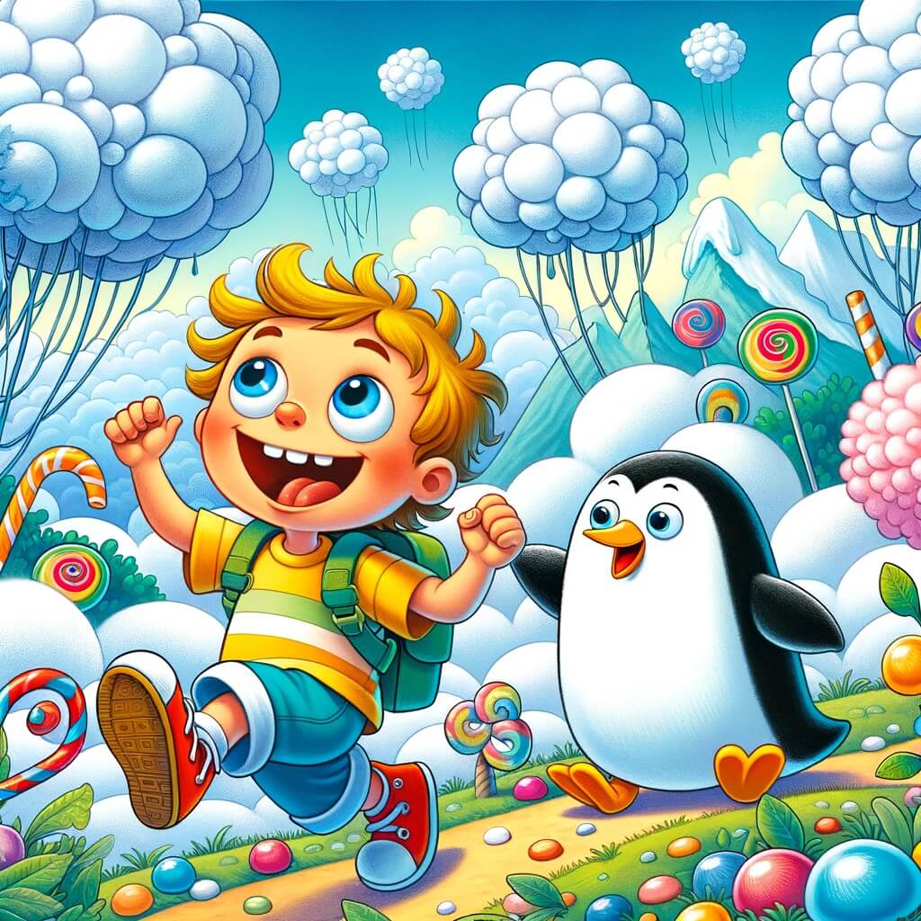 Une illustration destinée aux enfants représentant un petit garçon énergique et curieux, se retrouvant dans une série de situations absurdes et loufoques avec l'aide d'un pingouin parlant, dans un monde fantastique rempli de nuages en forme de bonbons et d'arbres en barbe à papa.