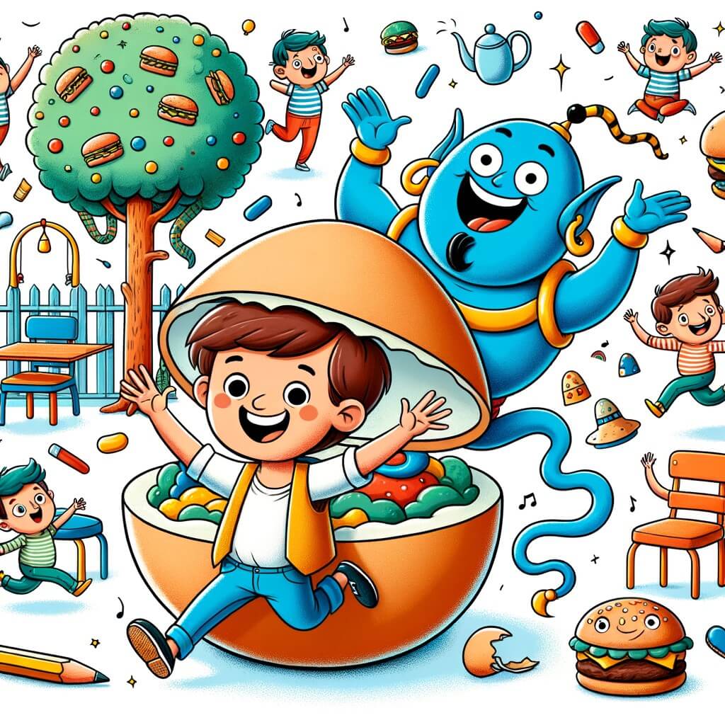 Une illustration destinée aux enfants représentant un petit garçon souriant, entouré d'événements loufoques et absurdes, accompagné d'un génie sorti d'un œuf, dans un monde où les arbres ont des feuilles carrées et les hamburgers ont des yeux, se déroulant dans une cour de récréation remplie de chaises dansantes et de crayons volants.
