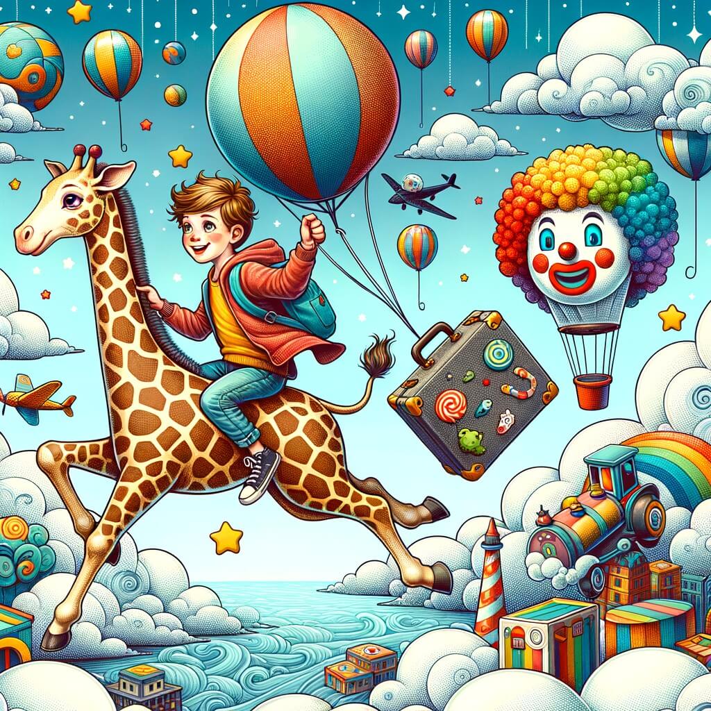 Une illustration pour enfants représentant un petit garçon qui voyage sur une valise magique volante à travers les nuages, atterrissant sur une île flottante remplie de jouets géants.