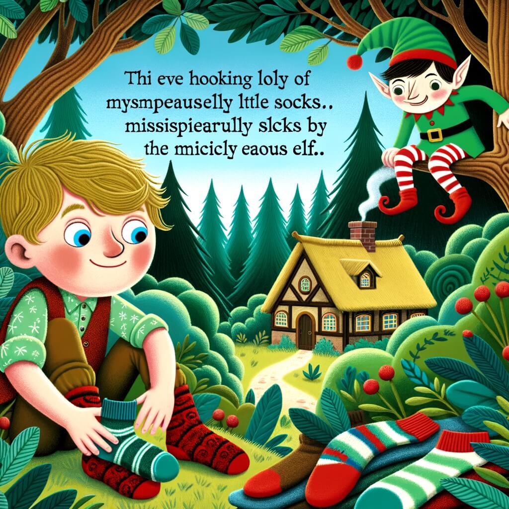 Une illustration pour enfants représentant un petit garçon intrigué par la disparition de ses chaussettes dans une maisonnette cachée au cœur d'une forêt enchantée.