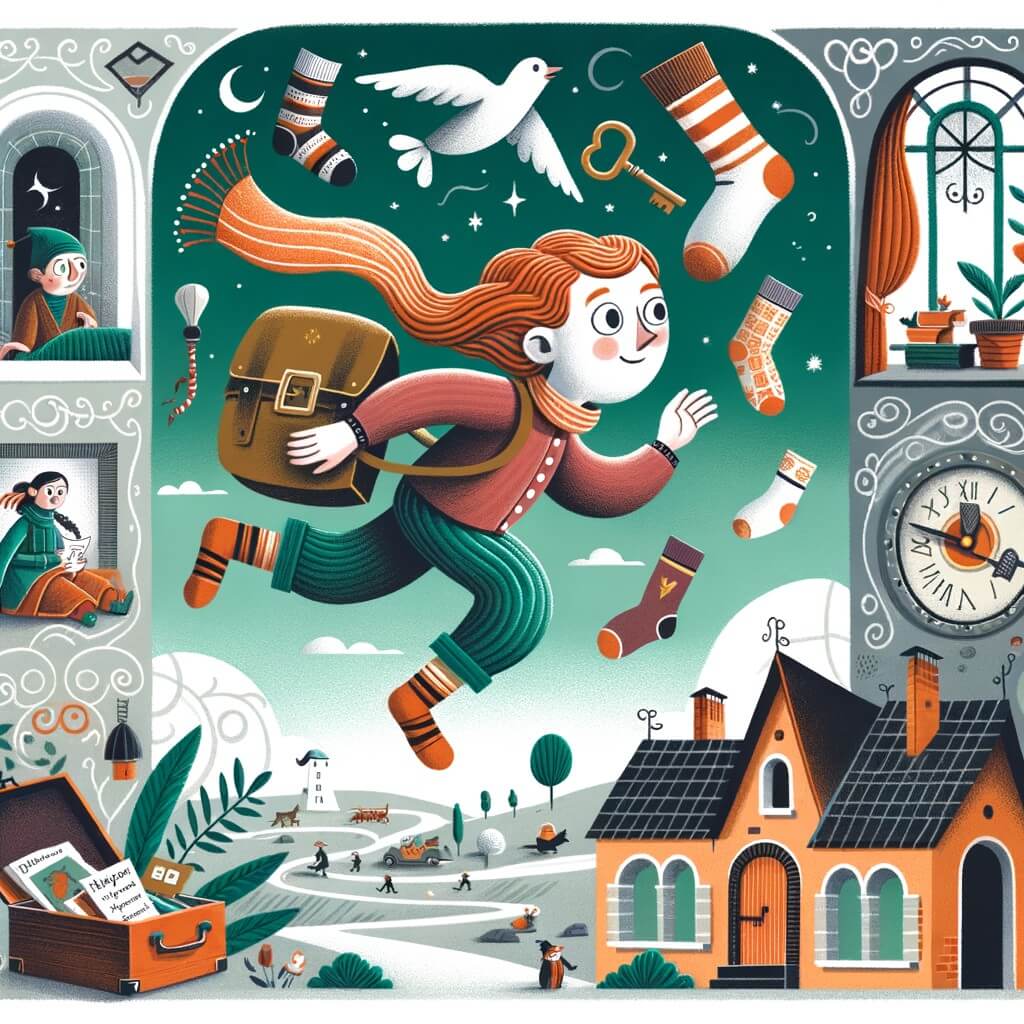 Une illustration pour enfants représentant une petite fille aux chaussettes volantes, égarées dans une aventure loufoque à la recherche du mystérieux voleur, dans une maison pleine de surprises.