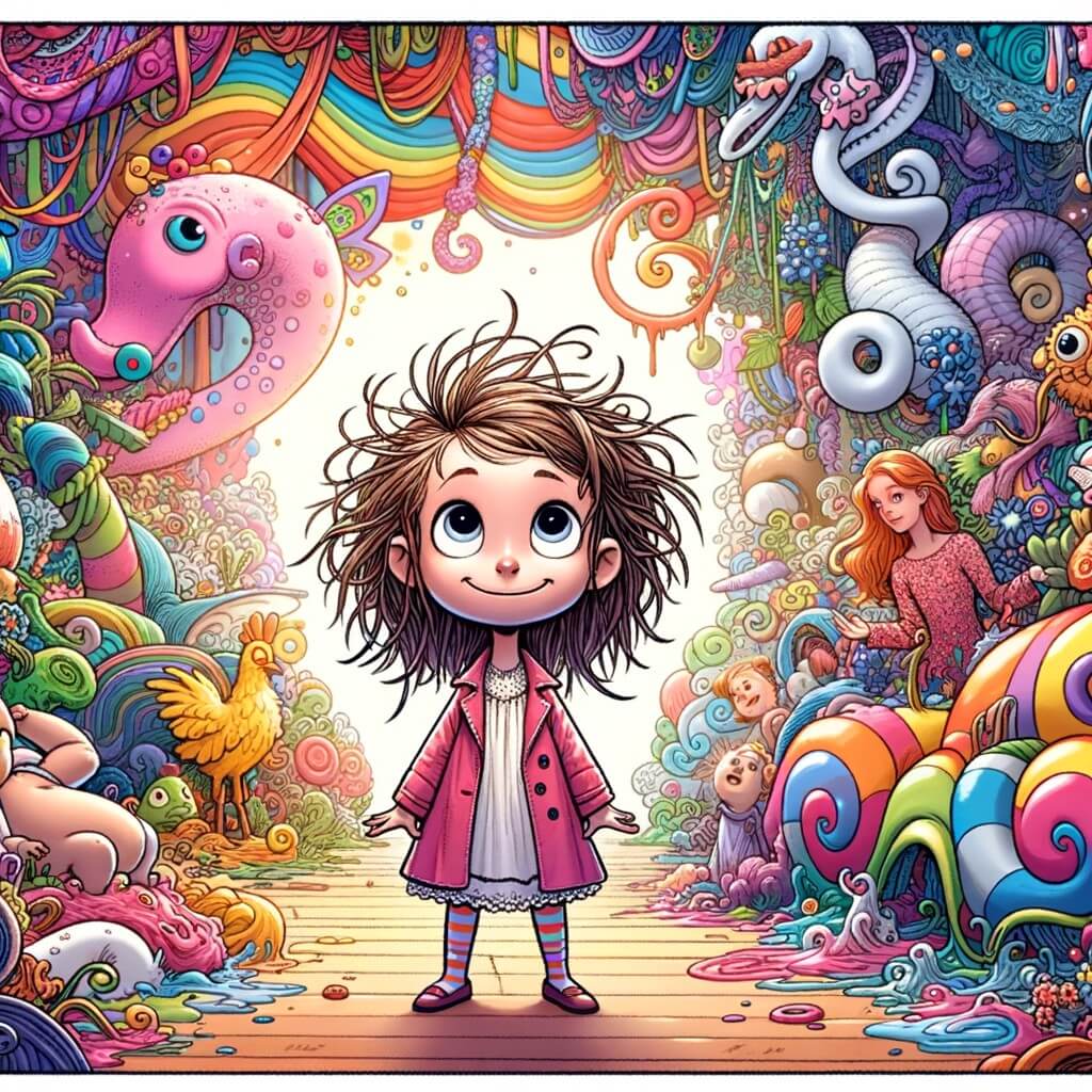 Une illustration pour enfants représentant une petite fille aux cheveux en bataille, se retrouvant dans une situation loufoque et absurde, dans un monde coloré et fantastique.