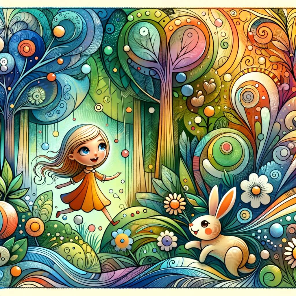 Une illustration pour enfants représentant une petite fille curieuse et imaginative se retrouvant dans un monde loufoque et absurde, entourée d'arbres avec des visages souriants et de fleurs dansant au cœur d'une forêt enchantée.