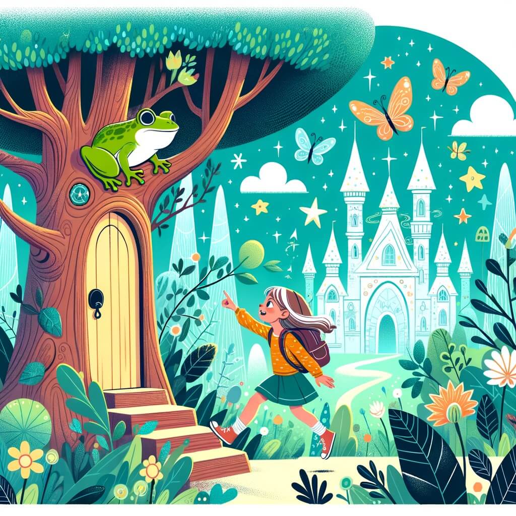 Une illustration pour enfants représentant une petite fille pleine d'imagination qui part à la chasse aux trésors dans une forêt mystérieuse où elle découvre un arbre gigantesque cachant une porte menant à un univers fantastique.