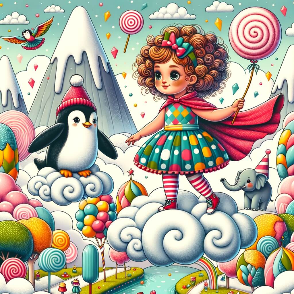 Une illustration pour enfants représentant une petite fille perchée sur un arbre en train de manger des fraises géantes dans un jardin magique.