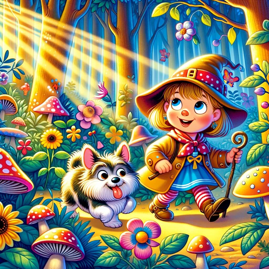 Une illustration pour enfants représentant une petite fille aventurière et son chien farfelu se retrouvant dans des situations loufoques et absurdes lors d'une exploration magique dans une forêt enchantée.