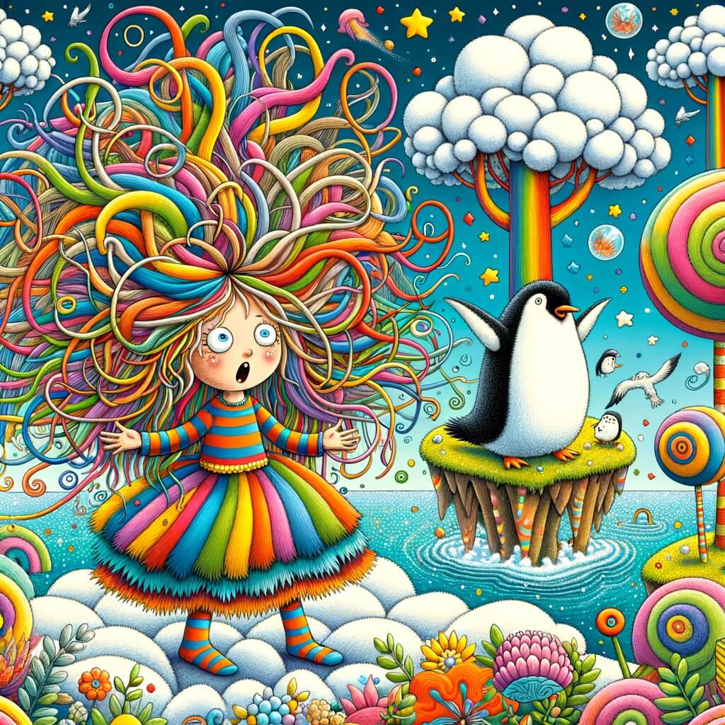 Une illustration pour enfants représentant une petite fille aux idées farfelues construisant une machine à rêves dans son jardin magique.