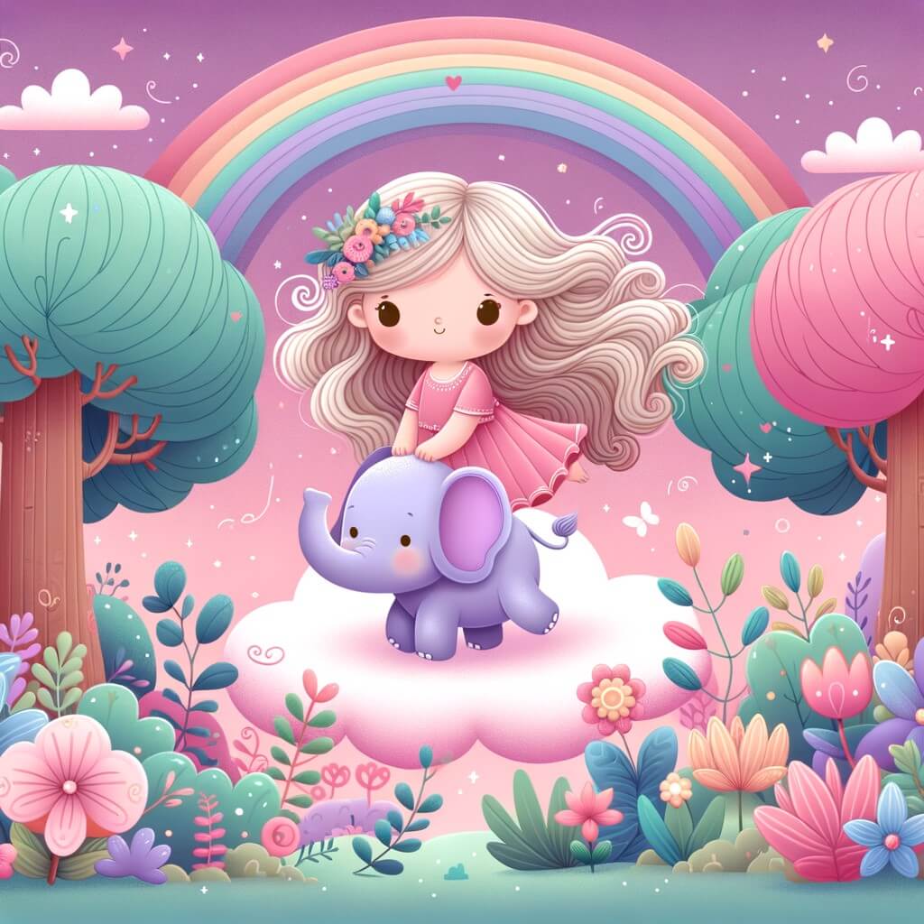 Une illustration destinée aux enfants représentant une petite fille aux cheveux en cascade, se tenant debout sur un nuage rose et moelleux, en train de faire une partie de cache-cache avec un éléphant violet dans un jardin enchanté rempli de fleurs qui dansent et d'arbres aux couleurs de l'arc-en-ciel.