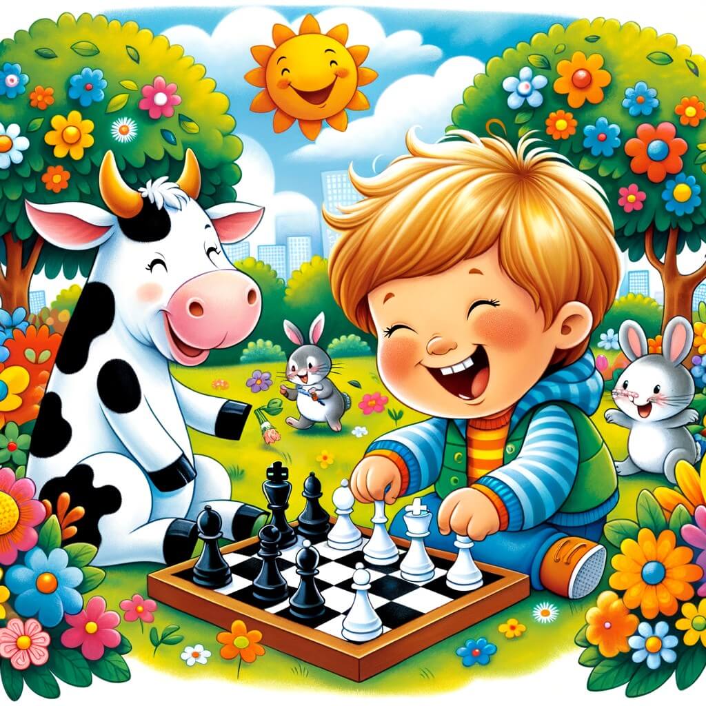 Une illustration destinée aux enfants représentant un petit garçon éclatant de rire, entouré d'une vache jouant aux échecs avec un lapin farceur, dans un parc coloré rempli de fleurs et d'arbres joyeux.