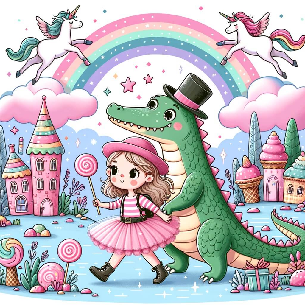 Une illustration pour enfants représentant une petite fille en pyjama rose qui se transforme en licorne et vole dans le ciel de son jardin.