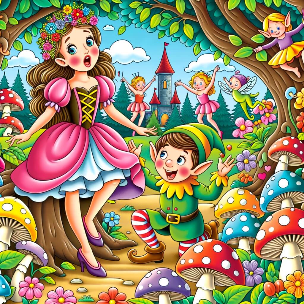 Une illustration destinée aux enfants représentant une princesse espiègle, se retrouvant dans une situation hilarante avec l'aide d'un lutin farceur, dans un royaume enchanté rempli de champignons colorés, d'arbres dansants et d'animaux rigolos.