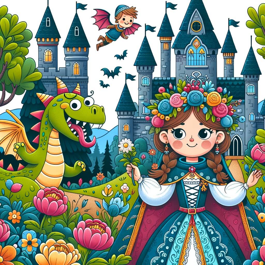 Une illustration destinée aux enfants représentant une princesse espiègle, accompagnée d'un dragon farceur, vivant dans un château enchanteur entouré de jardins fleuris et d'une forêt mystérieuse.