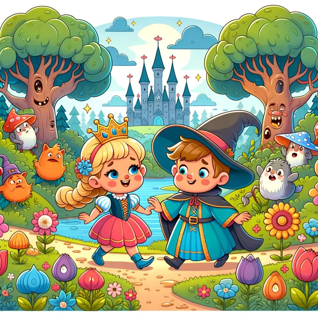 Une illustration destinée aux enfants représentant une princesse espiègle et joyeuse, accompagnée d'une sorcière maladroite, explorant un royaume enchanté rempli de fleurs colorées, d'arbres géants et d'animaux magiques rigolos.