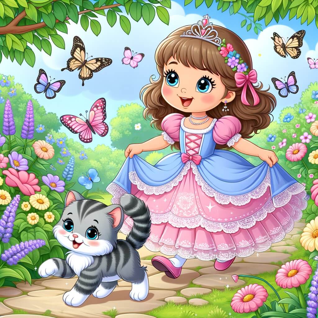 Une illustration destinée aux enfants représentant une princesse coquette et bavarde, accompagnée d'un adorable chaton gris et blanc, se promenant dans un jardin enchanté rempli de fleurs colorées et de papillons virevoltants.