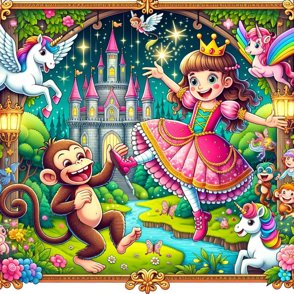 Une illustration pour enfants représentant une princesse éclatant de rire dans un royaume enchanté rempli de créatures fantastiques.