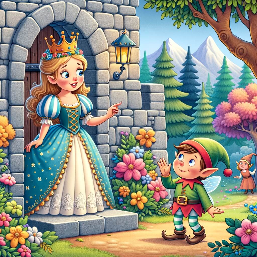 Une illustration pour enfants représentant une princesse farceuse qui cherche une potion magique dans la forêt enchantée pour jouer un tour à son père dans leur grand château en pierre.