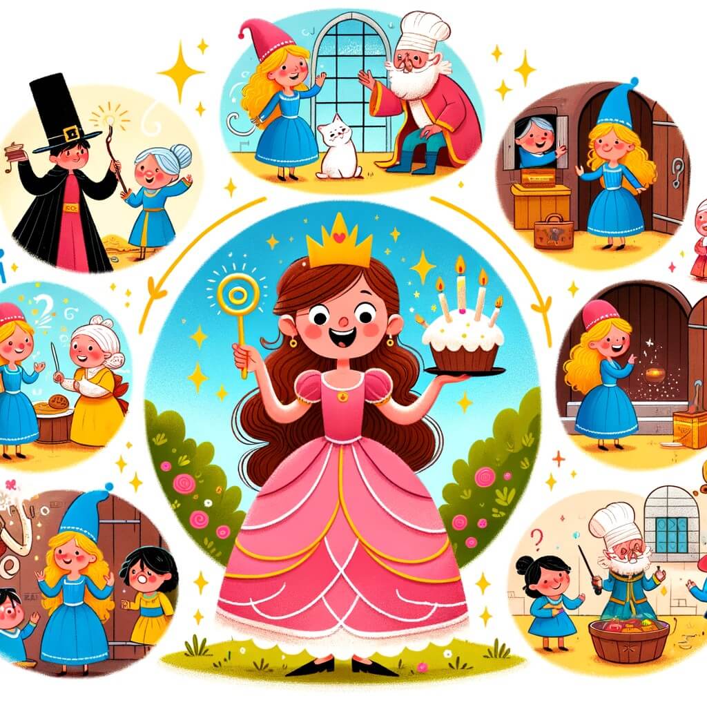 Une illustration pour enfants représentant une princesse farfelue, plongée dans une série de situations rigolotes, dans un royaume enchanté plein de magie et de surprises.