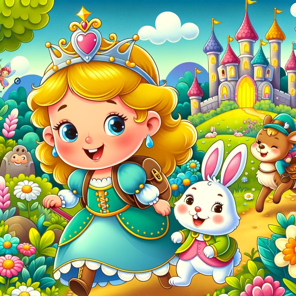 Une illustration destinée aux enfants représentant une princesse espiègle et joyeuse, accompagnée de son fidèle compagnon, un petit lapin malicieux, dans un royaume enchanté rempli de couleurs vives et d'animaux souriants.
