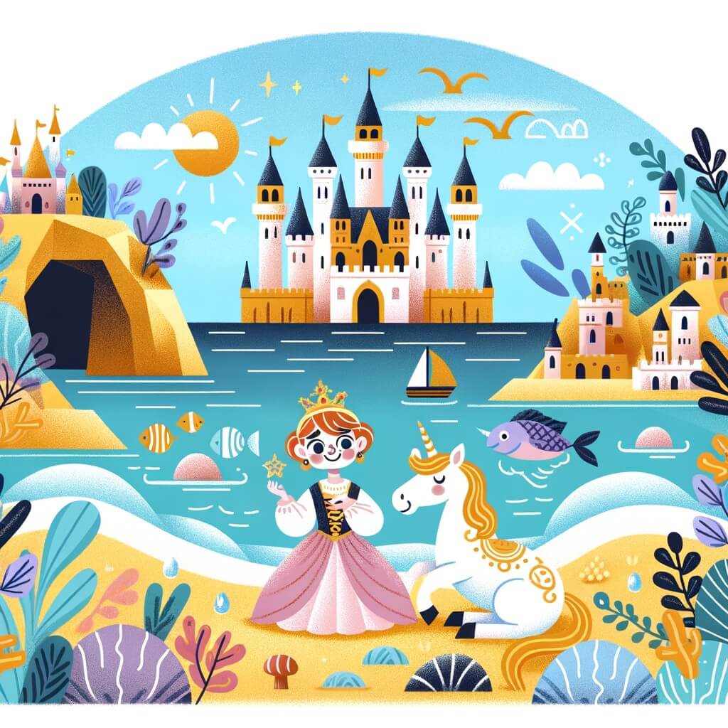 Une illustration pour enfants représentant une princesse maladroite en train de glisser sur un coquillage sur la plage de l'île tropicale de leur royaume enchanté.