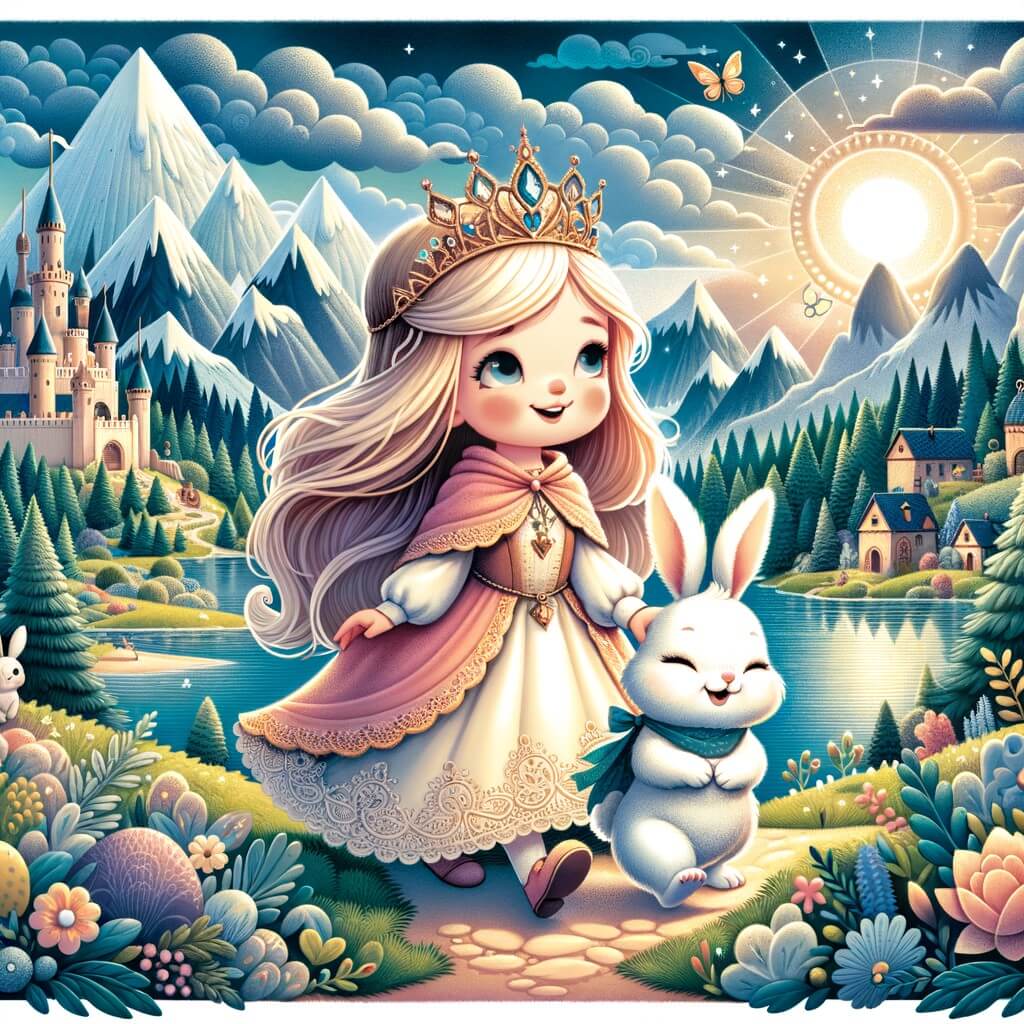 Une illustration destinée aux enfants représentant une princesse têtue, accompagnée d'un petit lapin, vivant des aventures rigolotes dans un royaume enchanté rempli de montagnes mystérieuses, de mers cristallines et de clairières enchantées.
