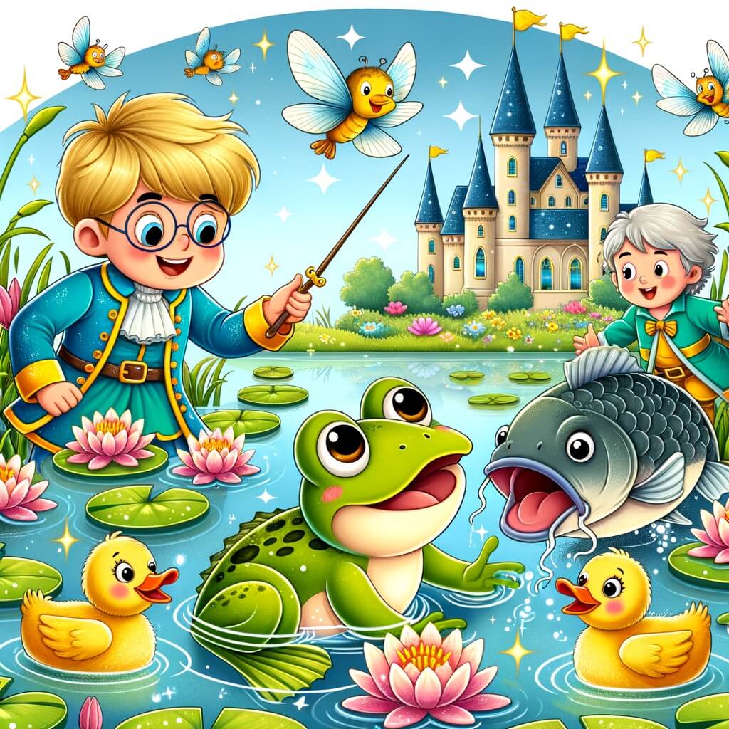 Une illustration destinée aux enfants représentant un prince enjoué, transformé en grenouille, qui fait équipe avec une famille de canards pour échapper à une carpe affamée, dans un étang étincelant entouré de nénuphars colorés et de libellules virevoltantes, dans le royaume enchanté du château.
