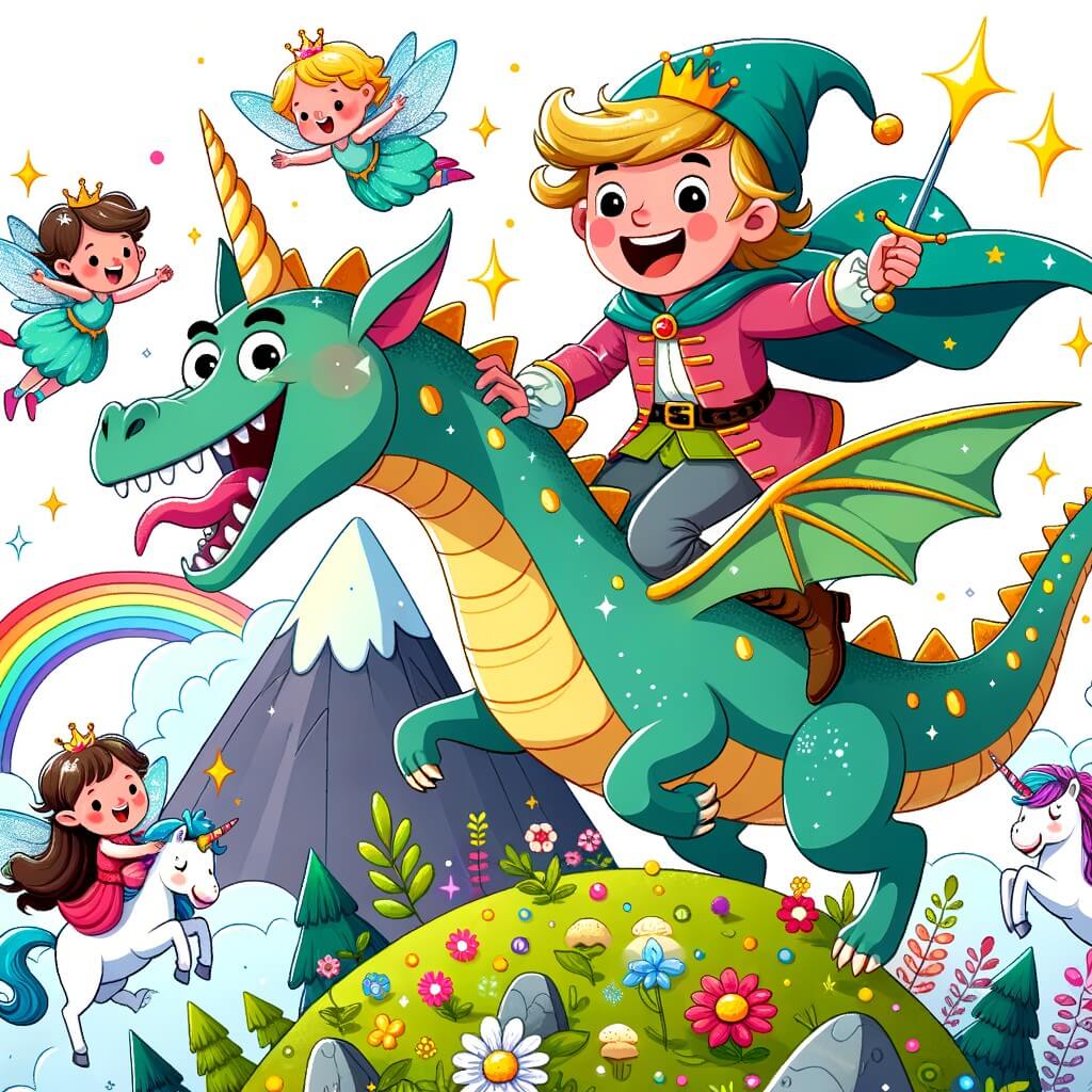 Une illustration pour enfants représentant un jeune prince farceur qui part à l'aventure dans le royaume enchanté de Féerieland pour découvrir des créatures magiques et faire des blagues.