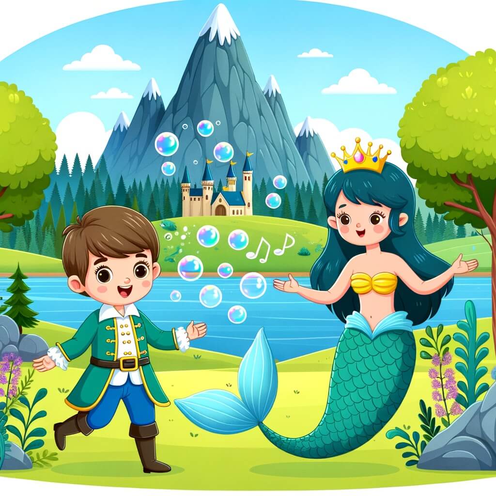 Une illustration destinée aux enfants représentant un prince farceur, accompagné d'une sirène aux bulles chantantes, dans un royaume enchanté avec une montagne mystérieuse entourée d'une forêt magique.