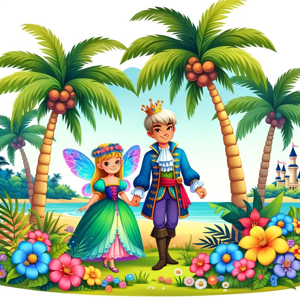 Une illustration destinée aux enfants représentant un prince farceur du royaume enchanté, accompagné d'une fée joyeuse, se trouvant sur une île tropicale paradisiaque, entourée de palmiers majestueux et de fleurs colorées.