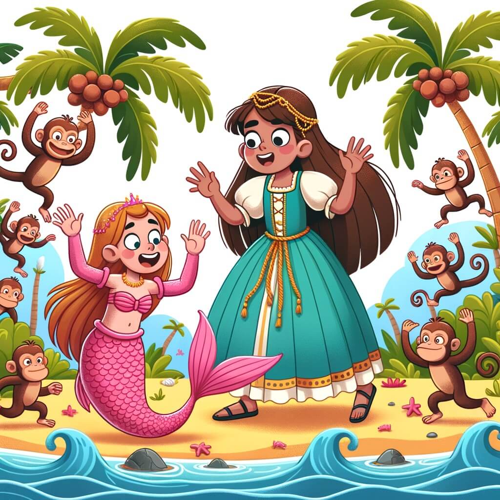 Une illustration destinée aux enfants représentant une princesse intrépide se retrouvant dans une situation hilarante en compagnie d'une sirène aux écailles roses, sur une île tropicale parsemée de palmiers dansants et de singes farceurs.