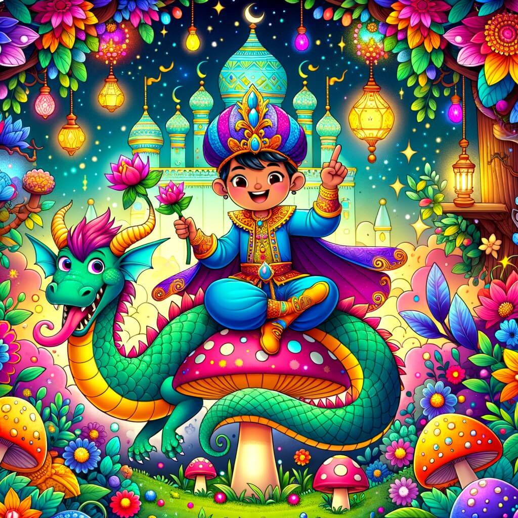 Une illustration destinée aux enfants représentant un prince farceur dans un royaume enchanté, accompagné d'un dragon rigolo, se trouvant dans un jardin magique rempli de fleurs multicolores et de champignons brillants.