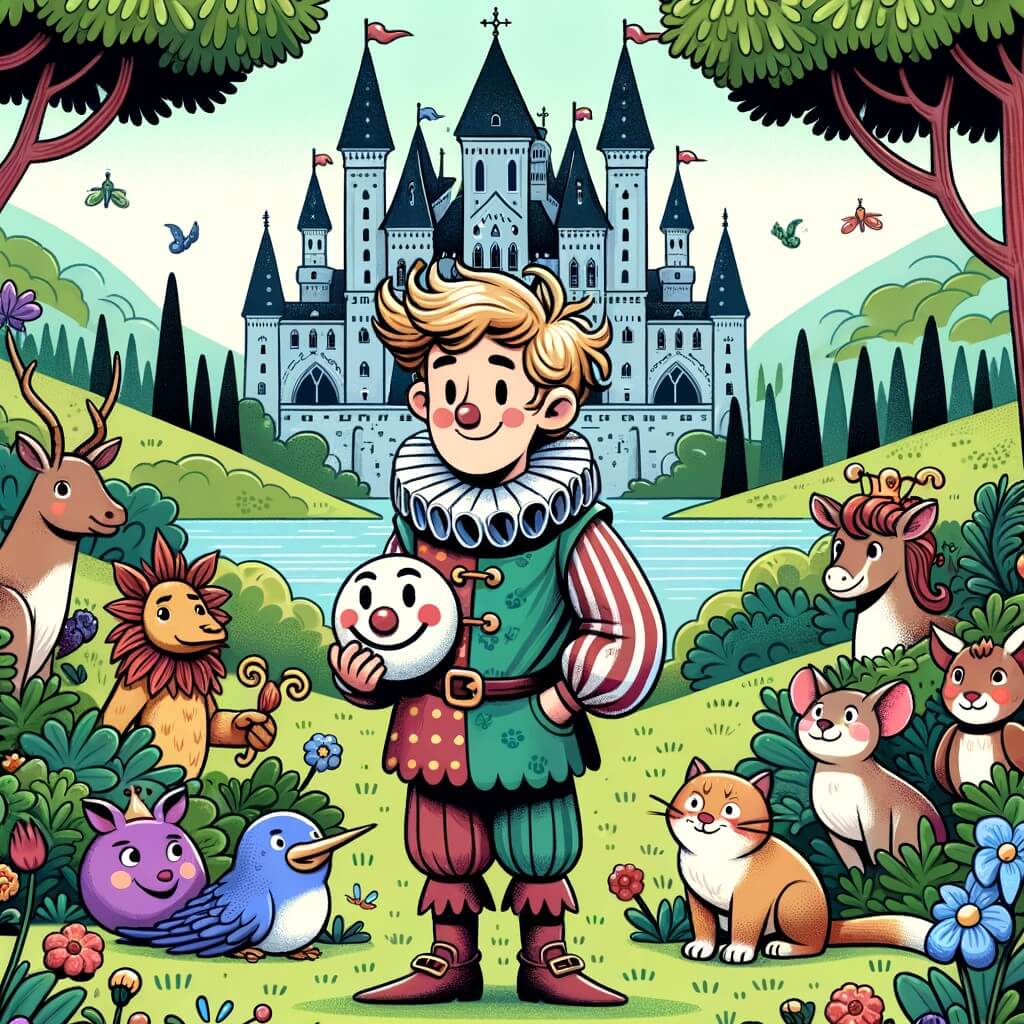Une illustration destinée aux enfants représentant un prince farceur, entouré de créatures magiques, dans un royaume enchanté aux jardins verdoyants, avec un château majestueux en arrière-plan.