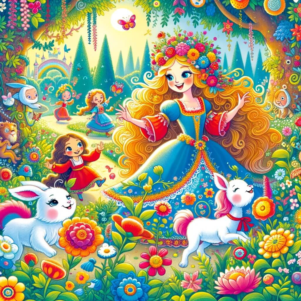 Une illustration destinée aux enfants représentant une princesse rayonnante, vivant des aventures rigolotes avec des créatures magiques dans un jardin féerique rempli de fleurs aux couleurs éclatantes et de plantes extraordinaires.