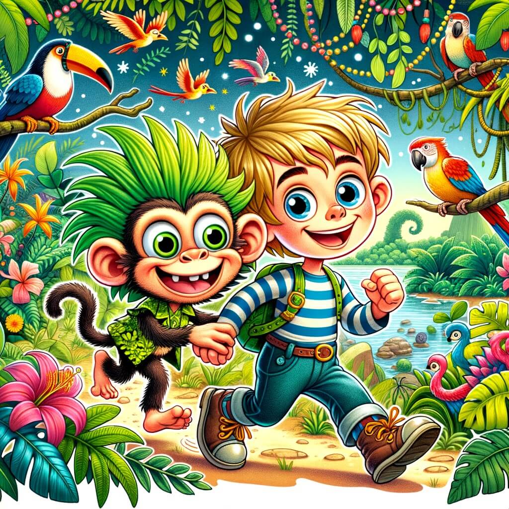 Une illustration destinée aux enfants représentant un petit garçon plein d'énergie, accompagné d'un drôle d'ami aux cheveux verts, dans une forêt tropicale magique remplie de plantes exotiques, d'oiseaux colorés et d'un petit singe espiègle.