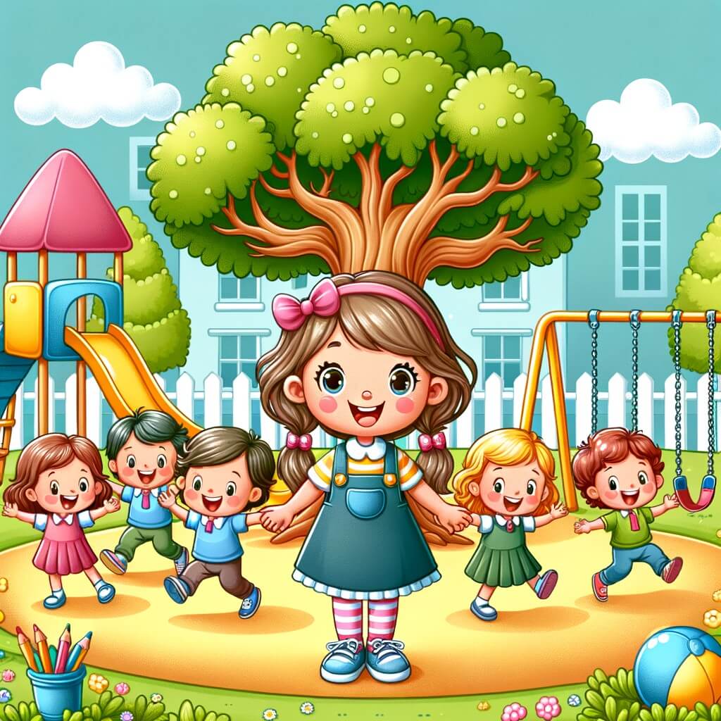 Une illustration destinée aux enfants représentant une petite fille pleine de malice, entourée de ses copains rigolos, dans une cour d'école colorée avec des balançoires, des toboggans et un grand arbre aux branches tordues.