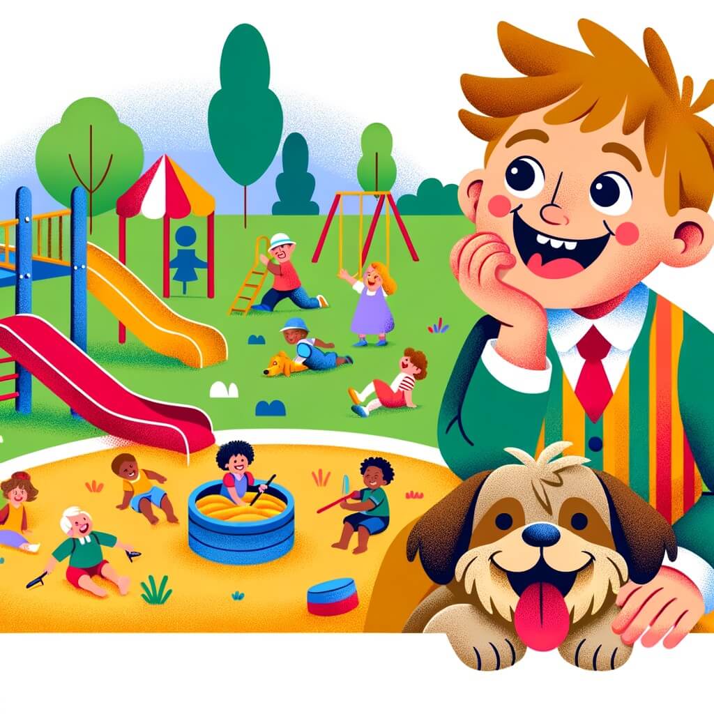 Une illustration destinée aux enfants représentant un petit garçon espiègle, avec des cheveux en bataille et des yeux malicieux, qui se retrouve dans une hilarante situation avec son meilleur ami, un chien joyeux à la langue pendante, dans un parc coloré rempli de toboggans, de balançoires et d'un grand bac à sable où des enfants rient et jouent joyeusement.