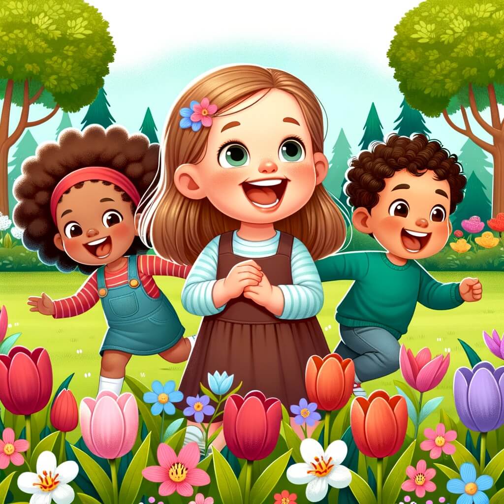 Une illustration destinée aux enfants représentant une petite fille espiègle, accompagnée de ses joyeux amis, partageant des éclats de rire dans un parc verdoyant, rempli de fleurs colorées et d'arbres majestueux.