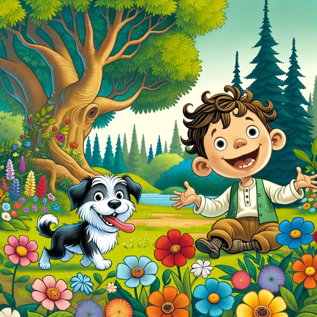 Une illustration destinée aux enfants représentant un petit garçon espiègle, accompagné de son meilleur ami, un chien joyeux, dans un parc verdoyant rempli de fleurs multicolores et d'arbres majestueux, où ils s'amusent à faire des grimaces rigolotes.